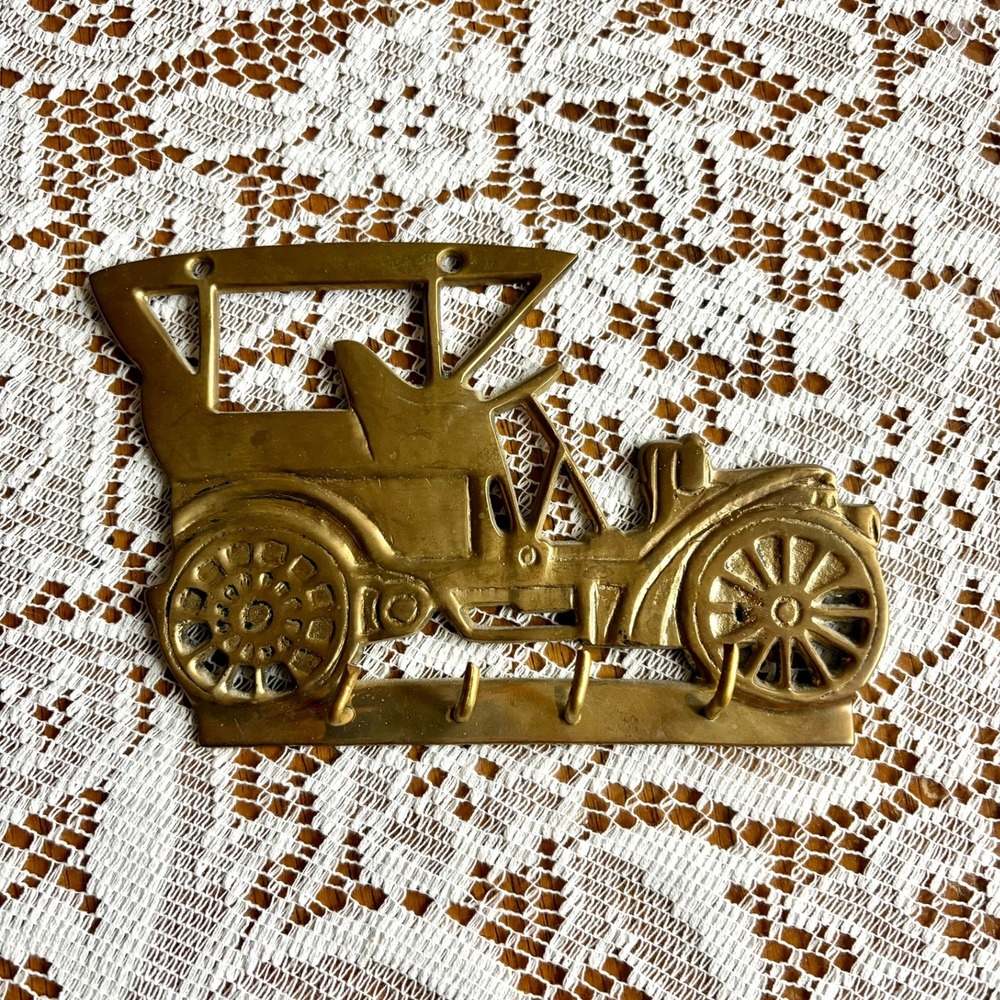 Vintage Brass Antique Car Wall Mounted Key Rack 4 Hooks Midcentury Decor